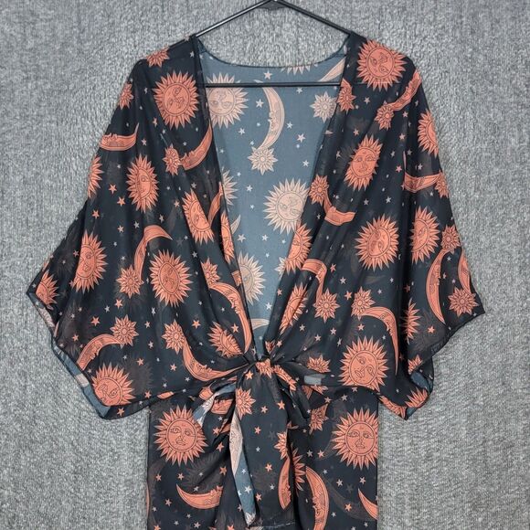 Celestial Kimono Womens One Size Black Brown Sheer Sun Moon Stars Midi Cover Up - Picture 2 of 15